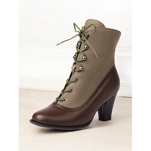 viktorianische Vintage-Schnürstiefeletten mit Absatz für Damen – High Heel-Stiefel aus Kunstleder und Stoff im Retro-Stil Image