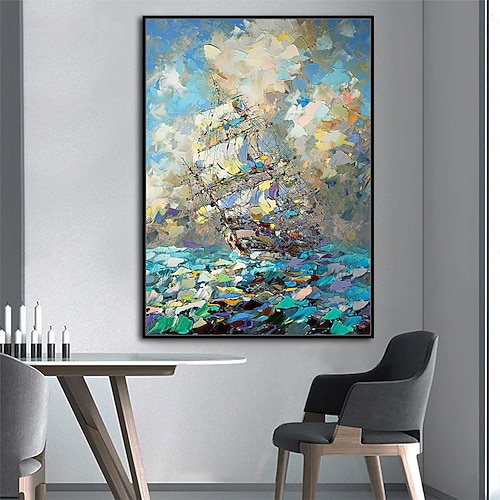 Mintura handgefertigte abstrakte Ölgemälde mit Bootslandschaft auf Leinwand, Wandkunst, Dekoration, modernes Strukturbild für die Inneneinrichtung, gerolltes, rahmenloses, ungedehntes Gemälde Image