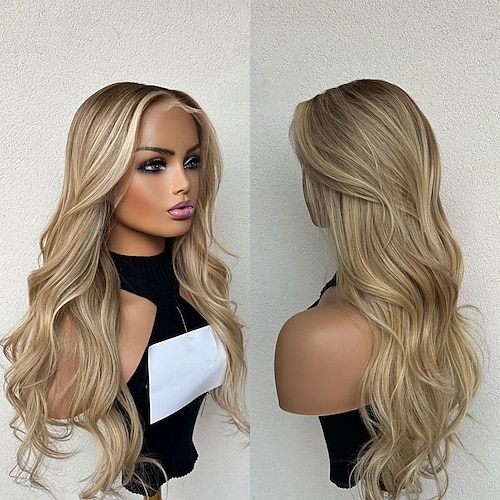Remy Menschenhaar 13x4 Spitzenfront Perücke Freier Teil Brasilianisches Haar Wellen Blond Mehrfarbig Perücke 130% 150% Haardichte Gefärbte Haarspitzen (Ombré Hair) Strähnchen / Balayage-Technik Image