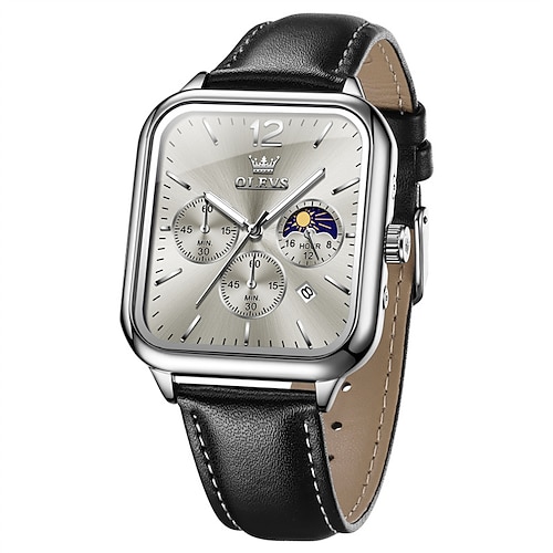 Neue Olevs Olevs Marke Mode Trend Herren Gürtel Uhr Quadrat Zifferblatt Leuchtender Mondphasenkalender Multifunktion Drei Augen Mit Mondphase Quarzuhr Lässige Wasserdichte Sport Herrenarmbanduhr