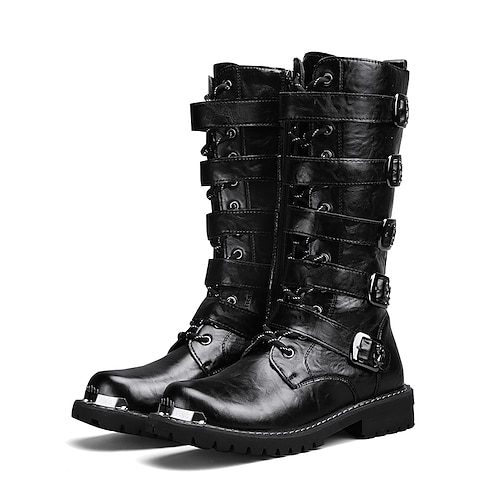 schwarze Steampunk-Motorradstiefel für Herren mit Schnallenriemen und robuster, rutschfester Sohle - ideal für Bikermode oder Gothic-Events Image