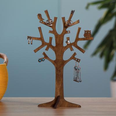 'Hand-Carved Nature-Themed Dark Brown Wood Tree Jewelry Stand'