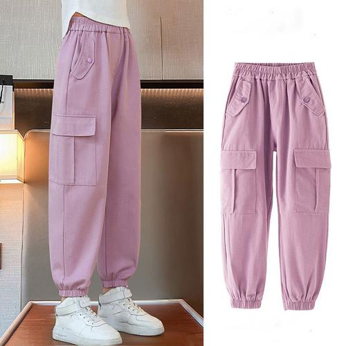 Kids Girls' Trousers Solid Color Sports Pocket School 4 years Spring Black Pink Purple