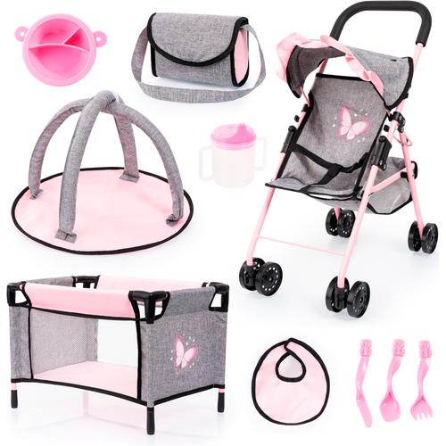 Puppenbuggy BAYER ""Set mit Reisebett"" Puppenwagen rosa (grau/rosa schmetterling) Kinder