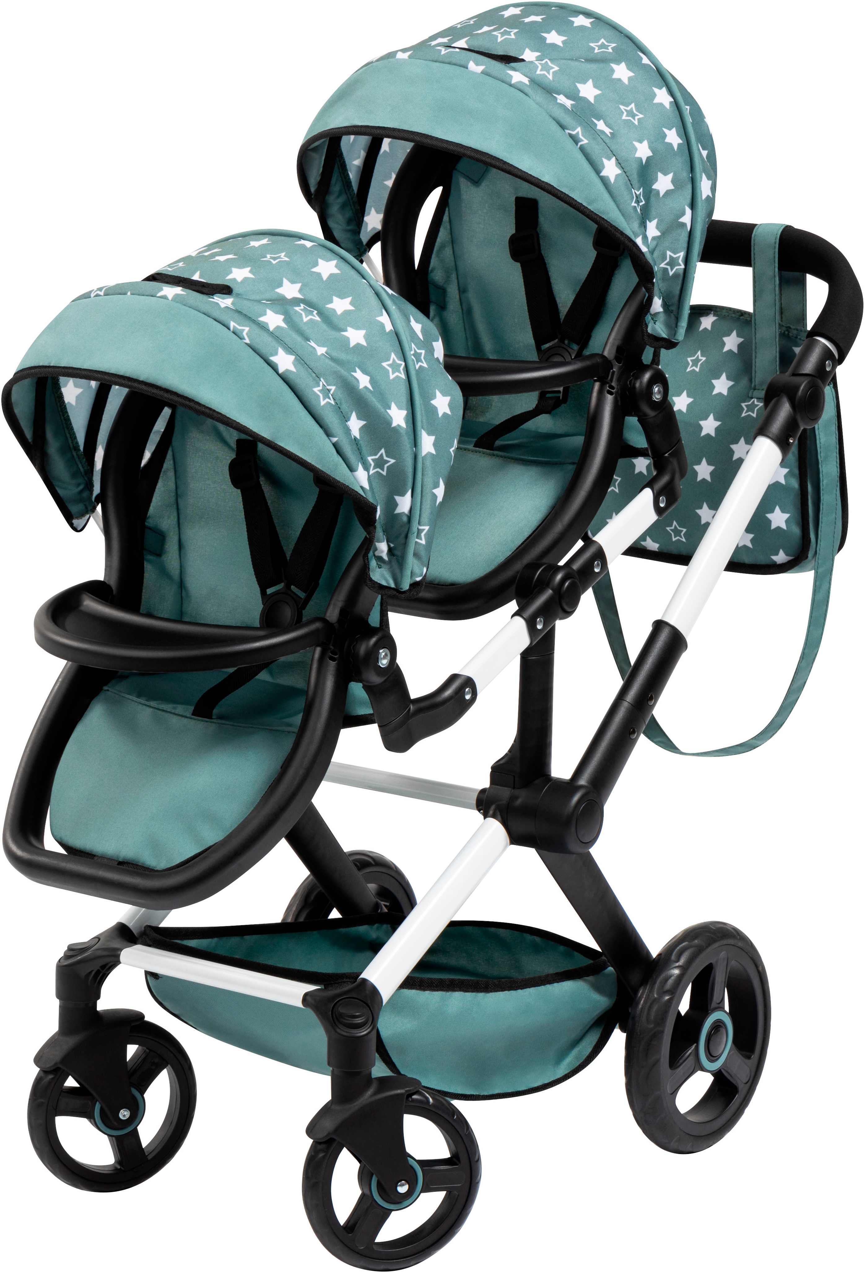 Puppen-Zwillingsbuggy BAYER "Xeo Twin grün", grün, Puppenwagen, KinderB:35cm H:76,5cm T:80cm, Kunststoff, Metall, Stoff, mit Wickeltasche, B:35cm H:76,5cm T:80cm