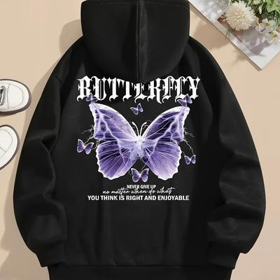 "TEMU Women's "" Hoodie - Casual Black Pullover With Purple , Long Sleeves, Drawstring Hood - Soft Polyester , Machine Washable - Fall & Winter" Image