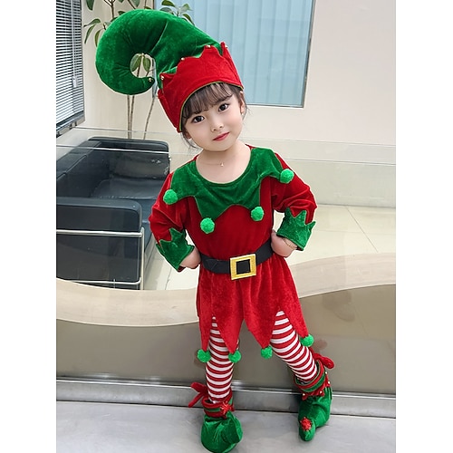 Tenues Robe de Noël Déguisement d'elfe Costumes de cosplay Elfe Noël Spéciale pour Garçons Fille Enfant Noël Carnaval Mascarade Soirée Noël Haut Pantalon Chapeau