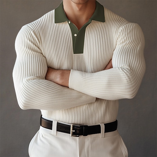 Homme Texturé Débardeur Musclé Formel Travail Col Polo Côtelé manche longue Mode Confortable Bloc de Couleur Boutons Été Printemps Automne Coupe Slim Bleu Ciel Blanche Vert Texturé