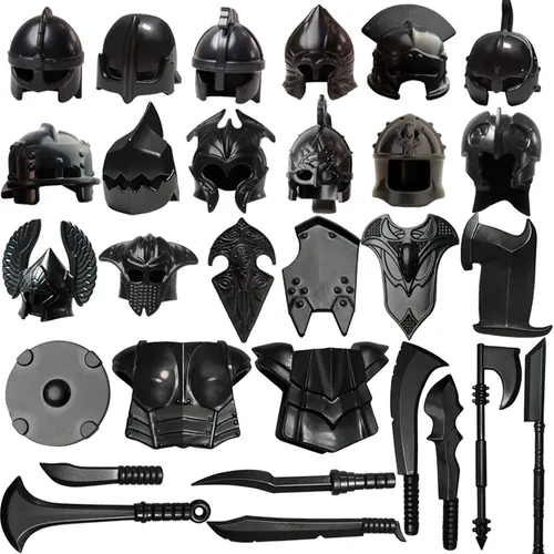 Blocs de construction médiévaux, chevalier, soldat, armes militaires, accessoires, casque, armure, hache, gilets, épée, couteau, bouclier, briques, jouets