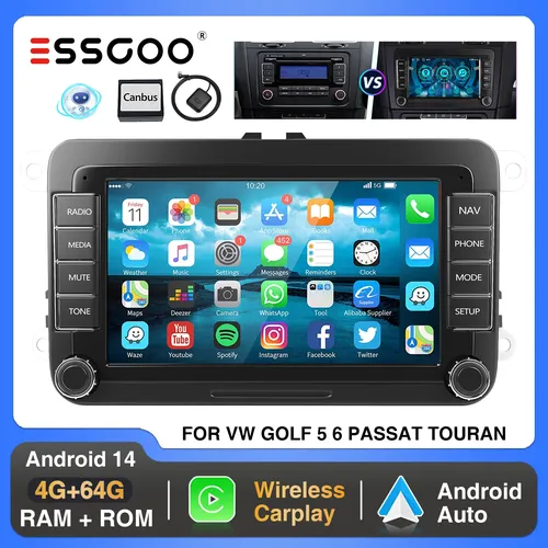 ESSGOO 7"" Android 14 autoradio sans fil CarPlay pour VW Golf 5/6 Passat B6/B7 Polo Touran Tiguan GPS Navi WIFI RDS FM BT ‌