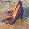 Veowalk Glitter Lila Pailletten Frauen Spitze Zehen High Heel Hochzeit Schuhe Sparkly 8-12cm Stiletto Pumps Big größe 33-45