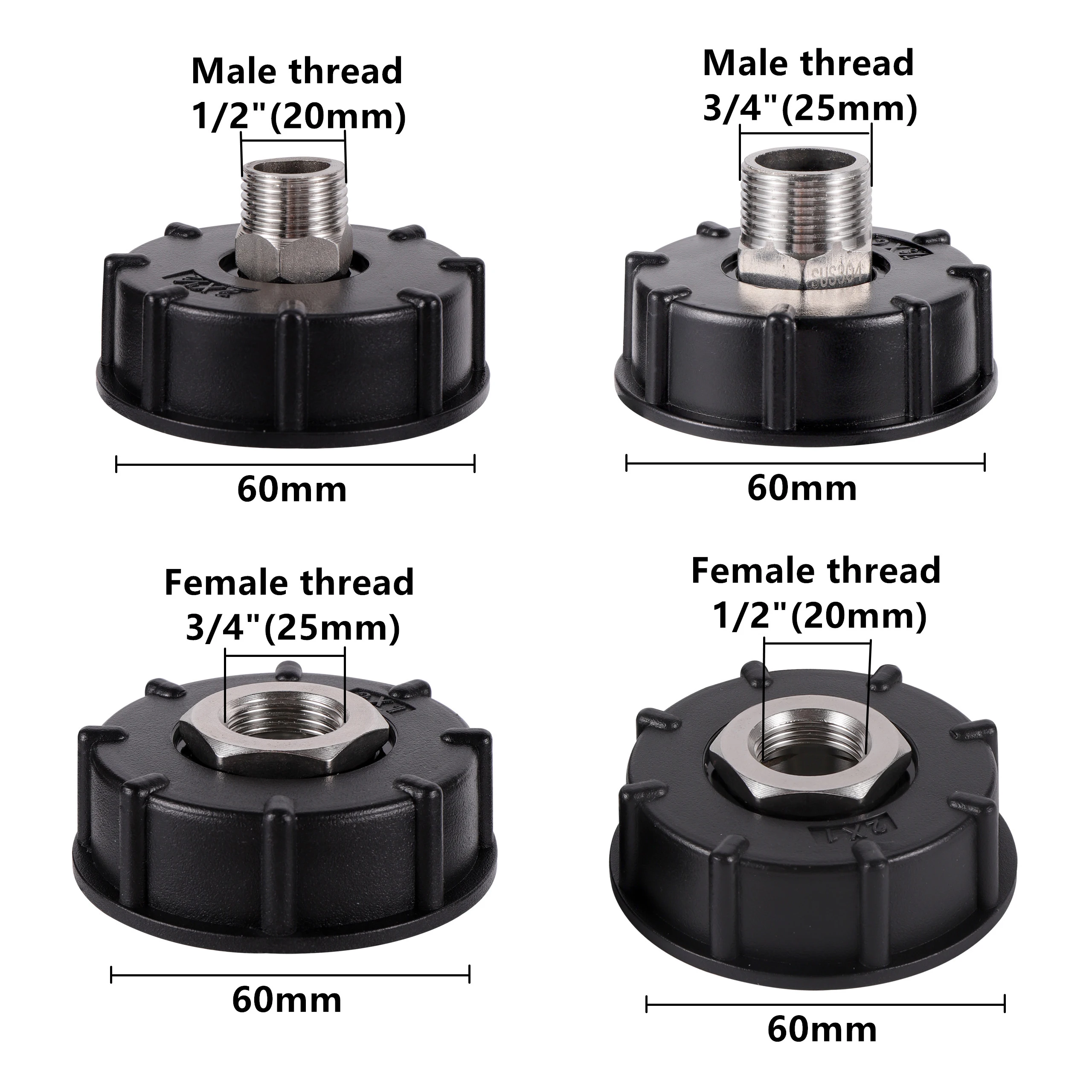 S60x6 Grobgewinde IBC Wassertank Adapter 1/2" 3/4" Außengewinde Edelstahl Auslass IBC Behälter Abflussersatz Image