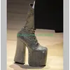 Dame Silber Glitter Strass Design Kalb Stiefel Plattform Chunky Heel Mary Jeans Stiefel Schuhe neu