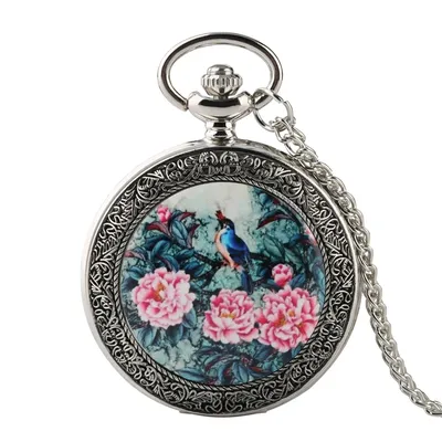 Top Luxus Silber Quarz Taschenuhr Lebendige Vogel Auf Dem Baum mit Exquisite Blumen muster Halskette