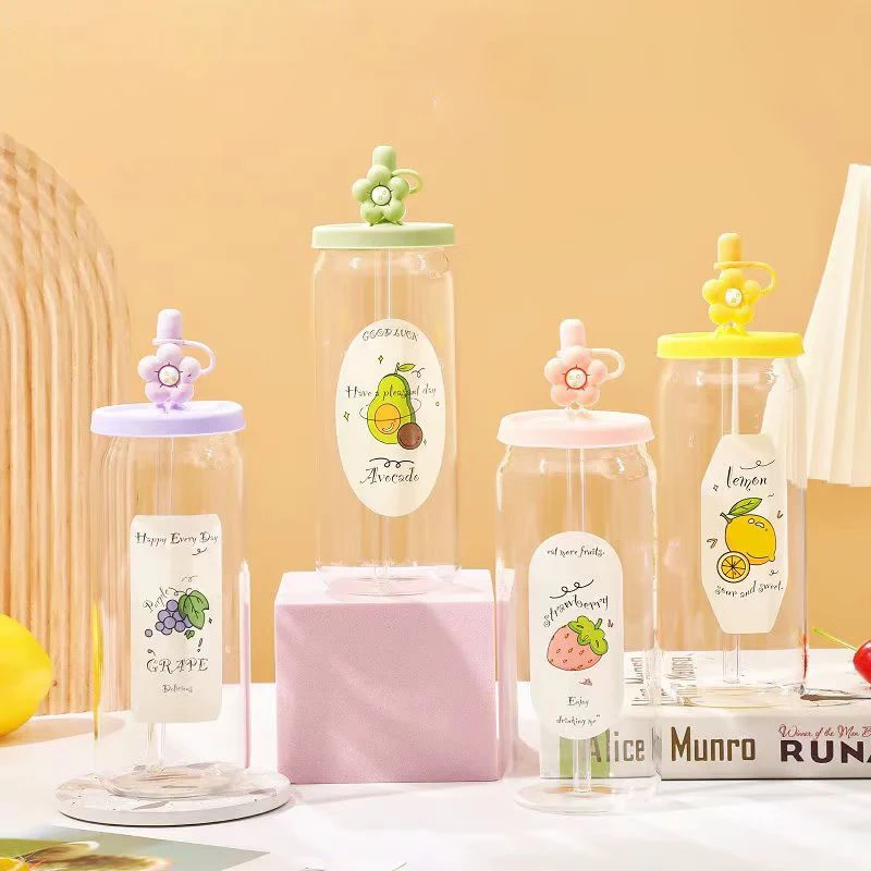 500ml Glas Tasse mit Tasse und Silikon Stroh Obst Muster Kaffeetasse nach Hause Tee Milch Fruchtsaft Tassen Trink geschirr für Weihnachts geschenk Image