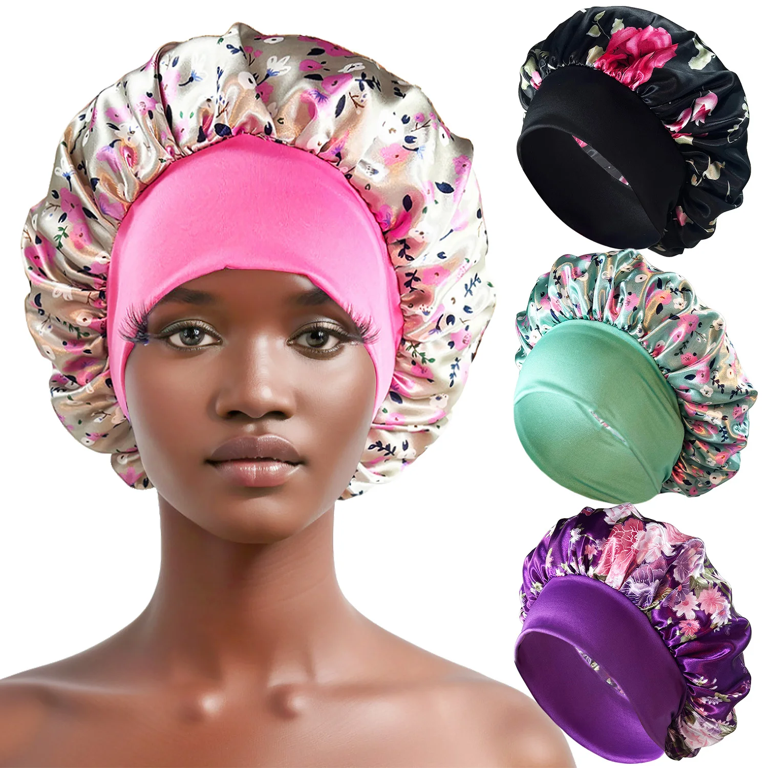 Drucken Satin Seidige Motorhaube Für Frauen Elastische Breite Band Nacht Schlaf Hut Chemo Caps Lockige Große Zöpfe Locs Abdeckung Turban Mützen Image