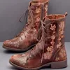 Frau Stiefeletten Stickerei Große Größe 43 Blume Stiefel 2020 Frauen Herbst Winter Lace Up PU Leder Weibliche Schuhe Damen schuhe