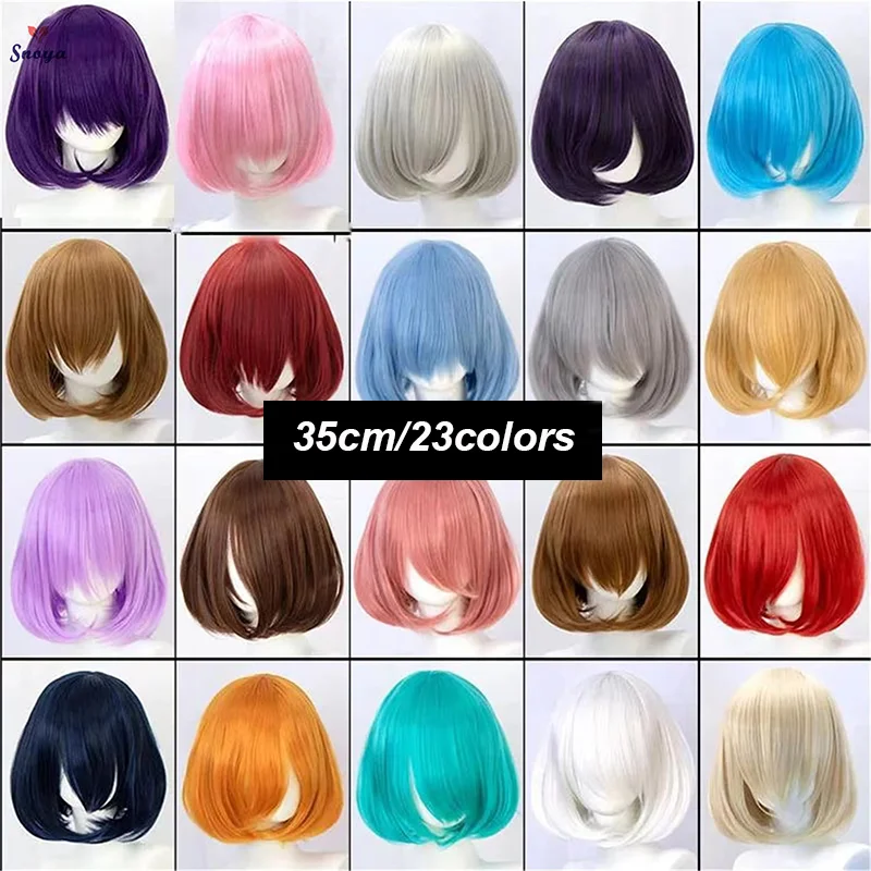 Snoya 35 cm synthetisches kurzes Bob-Glatthaar mit zuschneidbarem Pony, Lolita-Rosa, Grün, Blond, Rot, Cosplay-Perücken für Frauen + Perückenkappe