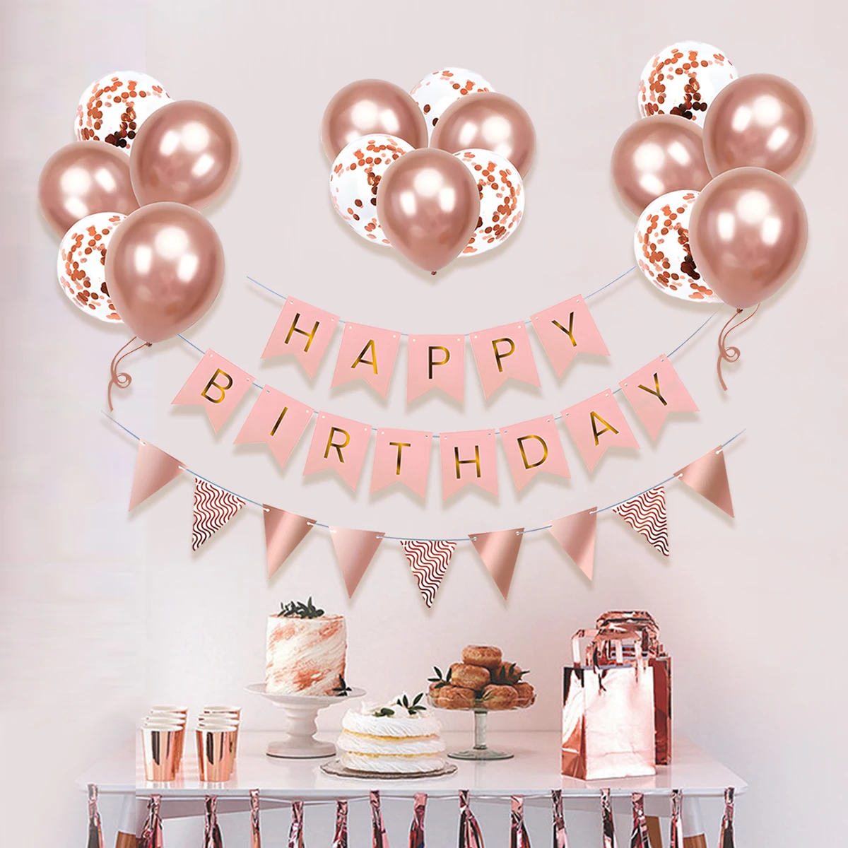 1Set Rose Rosa Grün Gold Geburtstag Luftballons Banner Set Ballon Girlande Bunting Banner Alles Gute Zum Geburtstag Party Decor Liefert Image