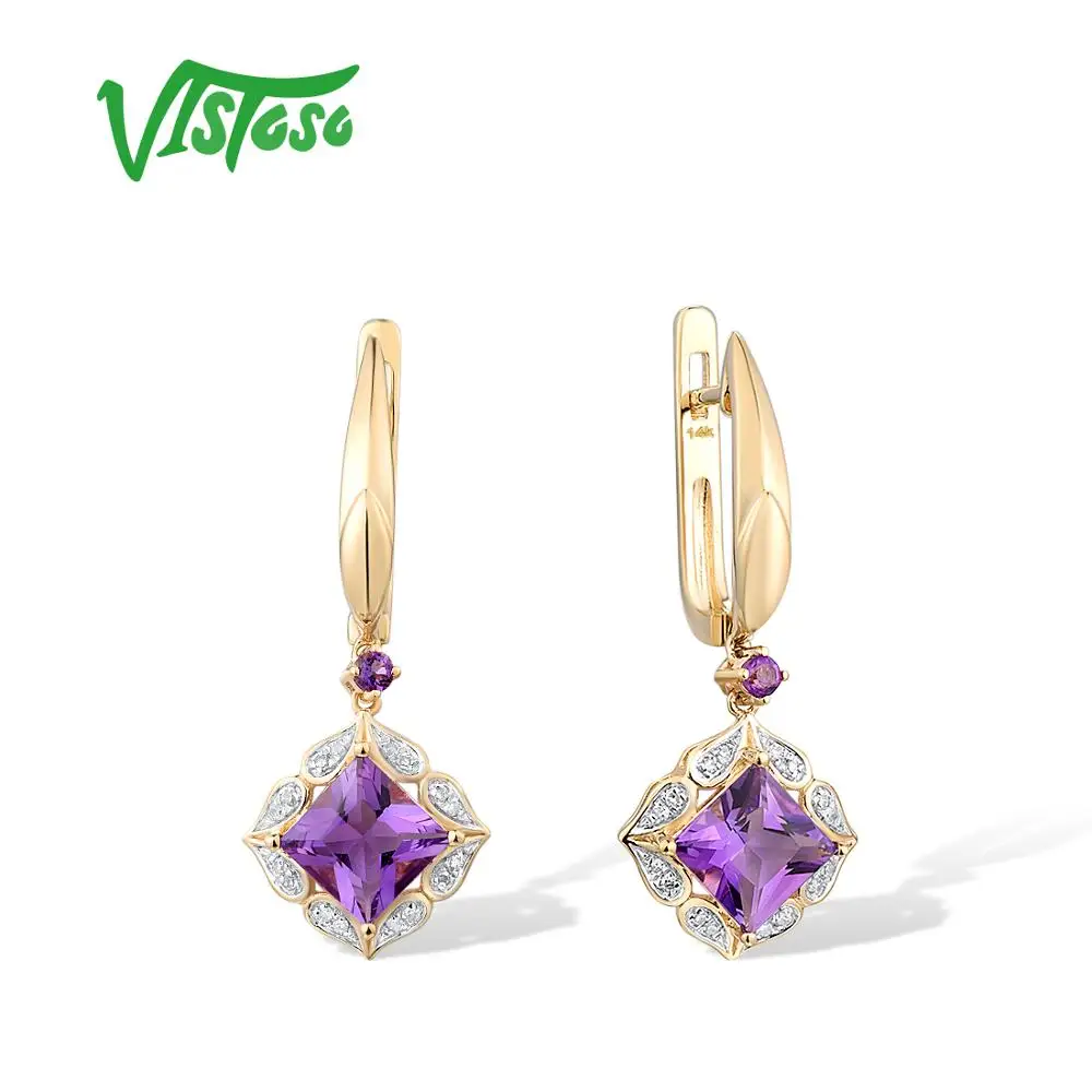 VISTOSO Gold Ohrringe Für Frauen 14K 585 Gelb Gold Funkelnden Diamant Fancy Amethyst Elegante Hochzeit Jahrestag Edlen Schmuck