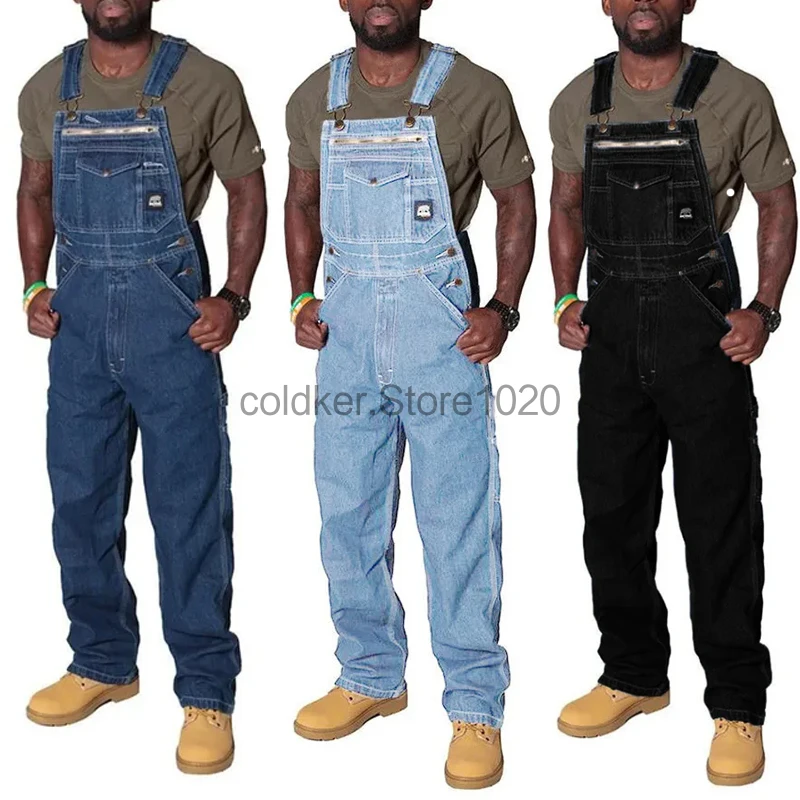 2024 männer Denim Cargo Hosen Blau Multi Tasche Overall Solide Sommer Mode Splice Gerade Strampler Männer Casual Streetwear Image