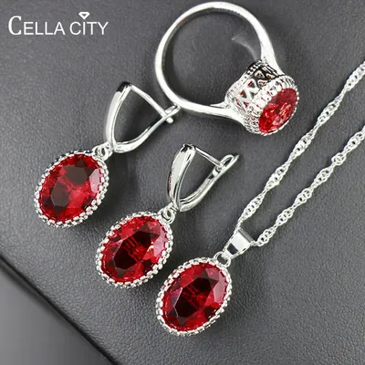 Cellacity 11 Farben Wahl Silber 925 Schmuck Sets für Frauen Oval Edelsteine Ring Ohrringe Halskette