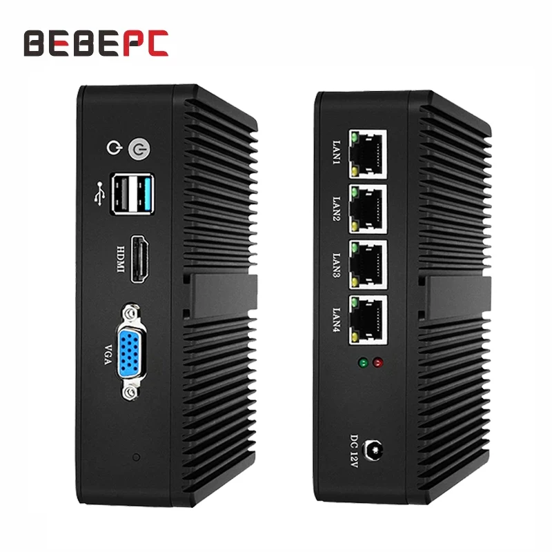 Lüfterloser Mini-PC-Server-Firewall Intel Celeron J1900 J4125 4LAN Gigabit Ethernet Mini Computador Windows 10 PfSense Linux Router Image