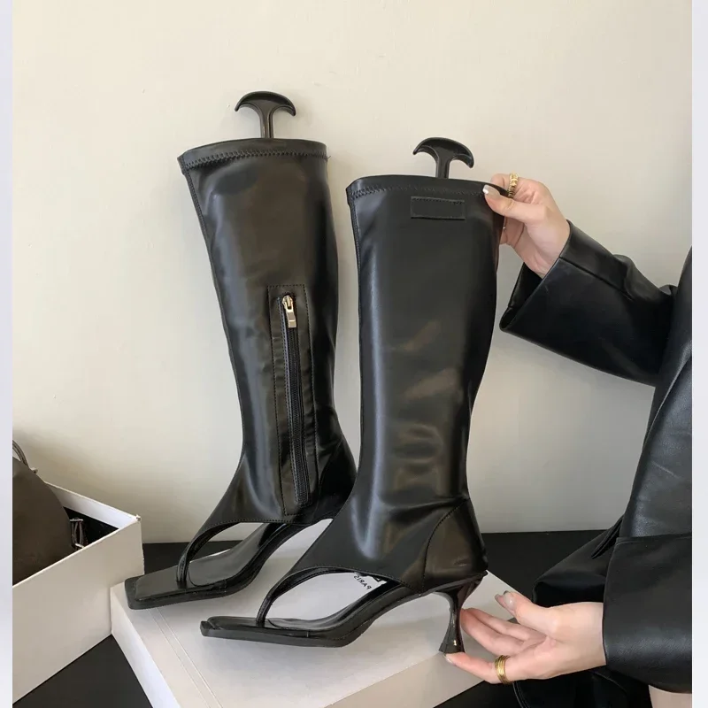 Silberne offene Zehen-Clip-on-Kniehohe Stiefel für Damen, moderne Stiefeletten, dünne niedrige Absätze, seitlicher Reißverschluss, Frühlings-Party-Pumps, Sandalen, Schuh