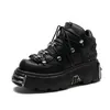 Punk Stil Frauen Schwarz Plattform Schuhe Metall Dekor Lace-up Frau New Rock Stiefel Gothic Schwarz Leder Frauen Turnschuhe botas2025