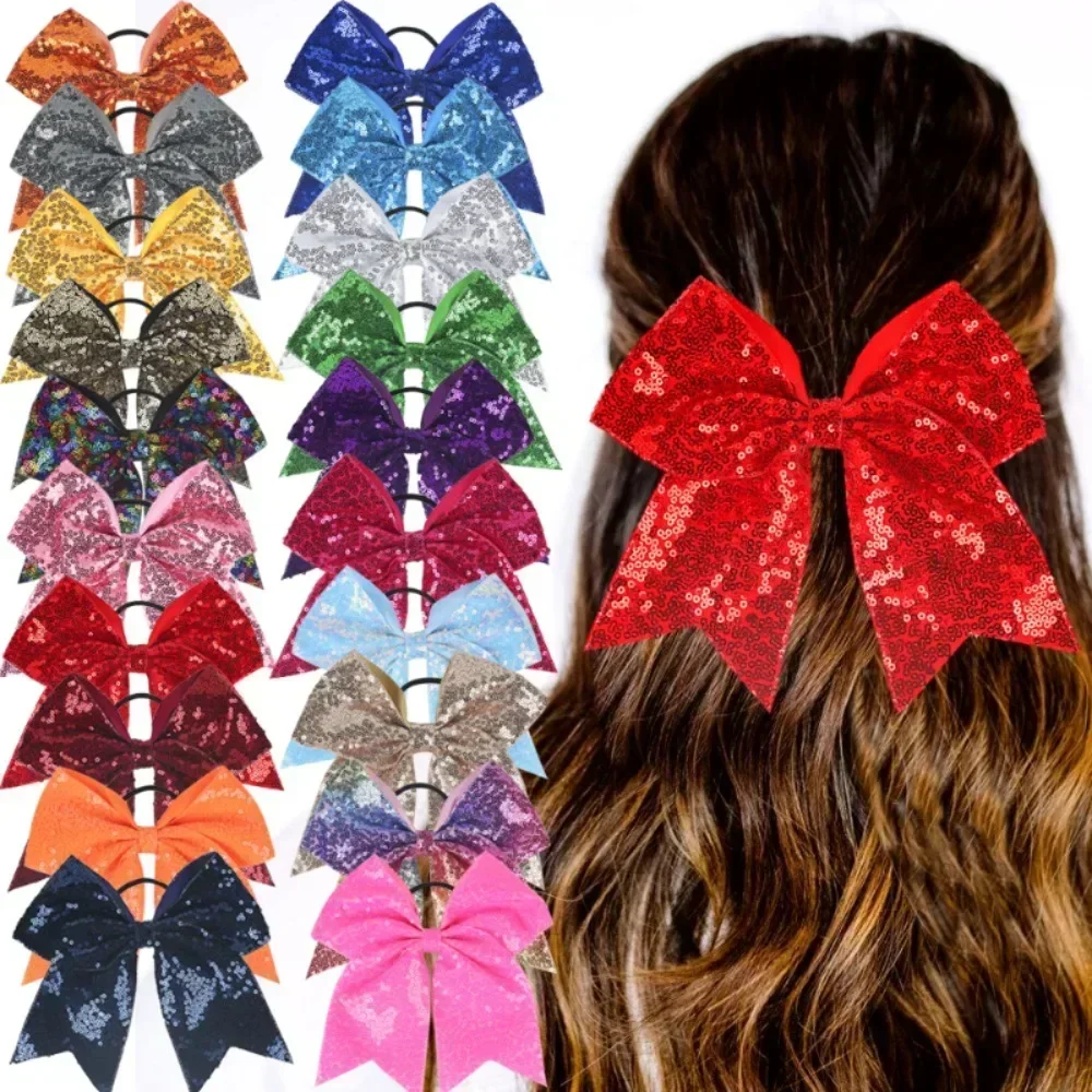 Big Bowknot Mädchen Haarband Mädchen Band Cheerleading Haars chleifen mit Pailletten Perlen Kinder Pferdes chwanz Halter Frauen elastischen Haar gummi Image