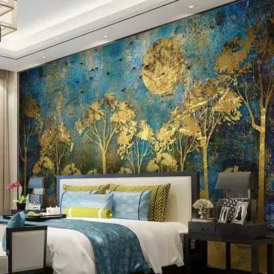 Benutzer definierte Wandmalerei chinesischen Stil abstrakte goldene Wald Baum Vogel Hirsch Foto Tapete Wohnzimmer Schlafzimmer Kunst Wand dekoration Image