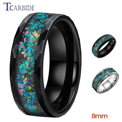 Schwarz Hammer Ring Multi Facet Wolfram Hochzeit Band Für Männer Frauen Mit Galaxy Serie Opal Inlay