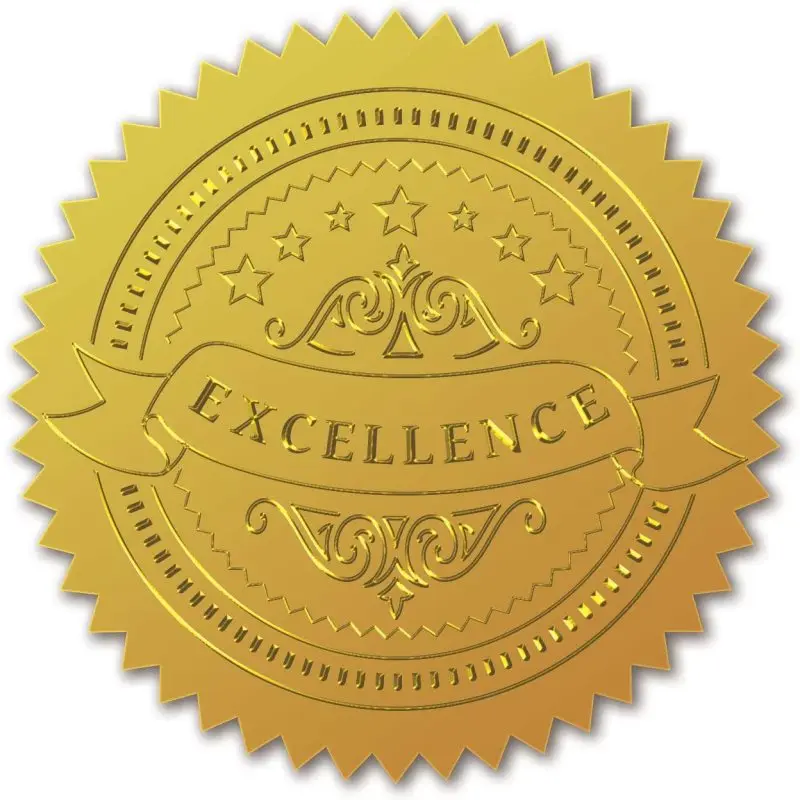 25 Blatt Excellence Goldfolien-Zertifikatsiegel, selbstklebende, geprägte Siegel, goldene Aufkleber, 100 Stück, Medaillendekorationsetiketten Image