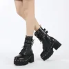 Winter Gothic Punk Damen Plateaustiefel Schwarze Schnalle Lackleder Creeper Wedges Schuhe Mittelkalbstiefel