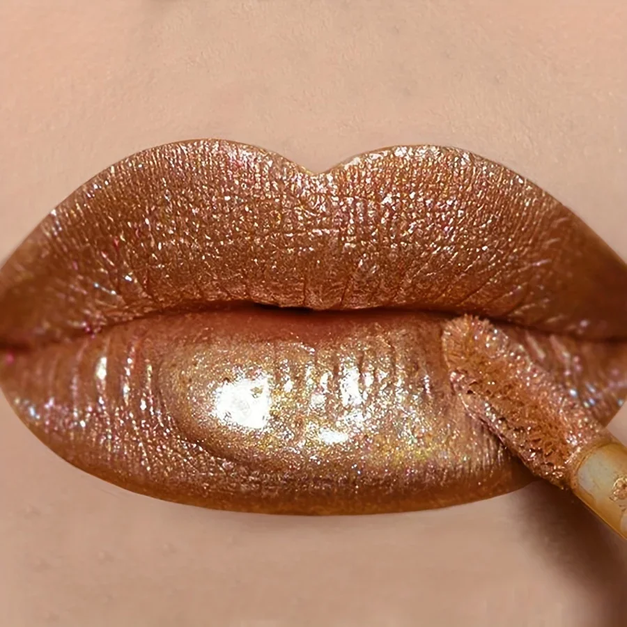 2024 Flüssiger Lippenstift, zäher goldener metallischer Lipgloss, schimmernde Textur, goldener Bling-Glitzer-Lippenstift, geeignete Make-up-Gesichtsbemalung Image