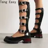 Plus Größe 45 Design Plattform dicke Ferse mittlere Wade Stiefel Frauen Punk coole gotische schwarze Schnalle Schuhe Frau hohe Stiefel Damen stiefel