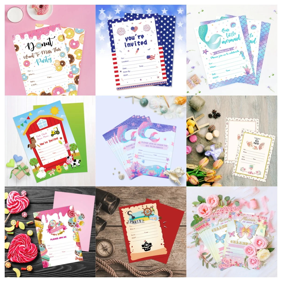 10 stücke Cartoon Tiere Meerjungfrau Bauernhof Dschungel Dinosaurier Schmetterling Thema Einladung karten Baby party Geburtstags feier Hochzeit liefert Image