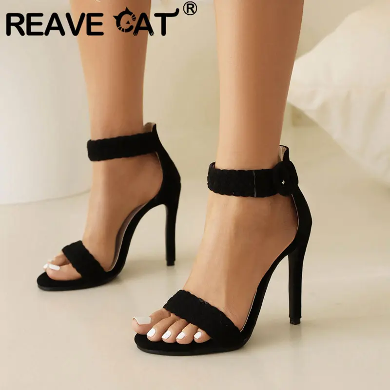 Reave Cat Design Frauen Sandalen Peep Toe dünne Absätze 11cm Schnalle Riemen Herde Wildleder 45 46 47 48 sexy Dating Damenschuhe