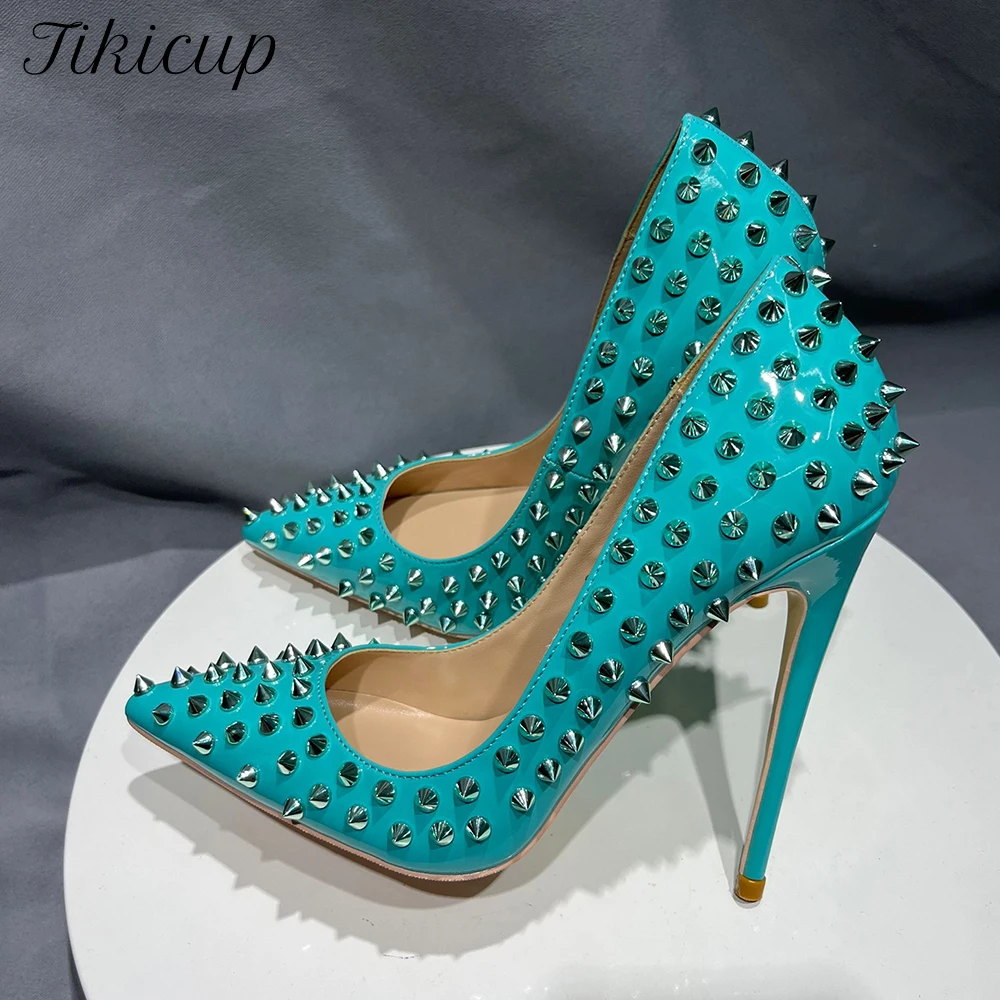 Tikicup glänzende mintgrüne Damen-Schuhe mit spitzen Zehen und hohen Absätzen mit silbernen Spikes, sexy Damen-Nieten-Stiletto-Pumps, Größe 33, 43, 44 45