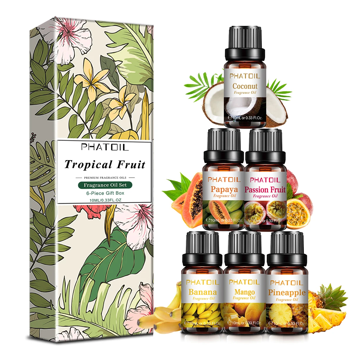 Phatoil 6 stücke Furit Duftöl Set - 10ml Papaya Mango Ananas Passions frucht Kokosnuss Banane für Seifen kerze Herstellung Diffusor Image