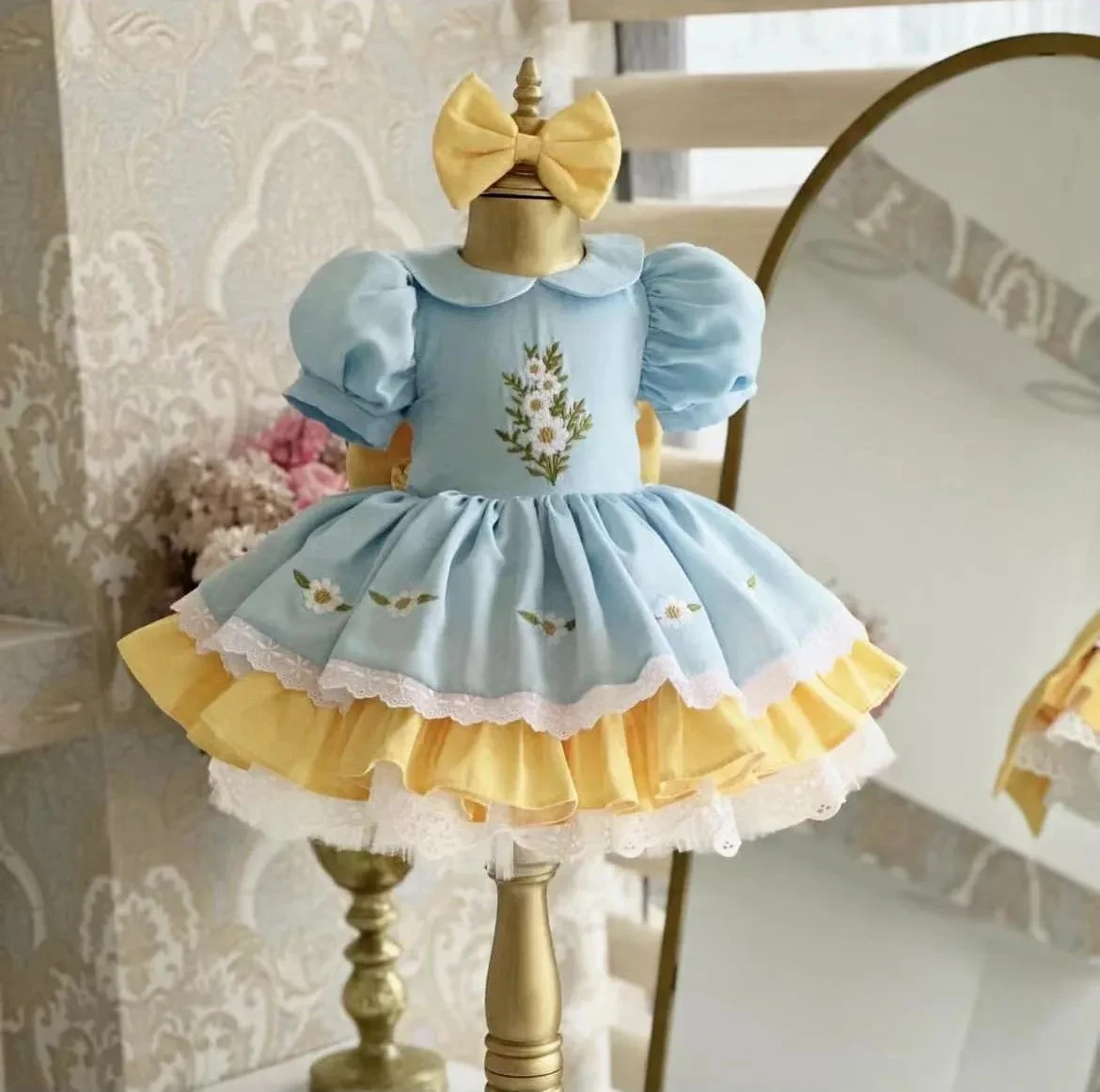 Baby Mädchen Sommer Blau Gelb Gänseblümchen Stickerei Türkisch Vintage Prinzessin Kleid für Geburtstag Urlaub Ostern Fotografie Eid B222 Image