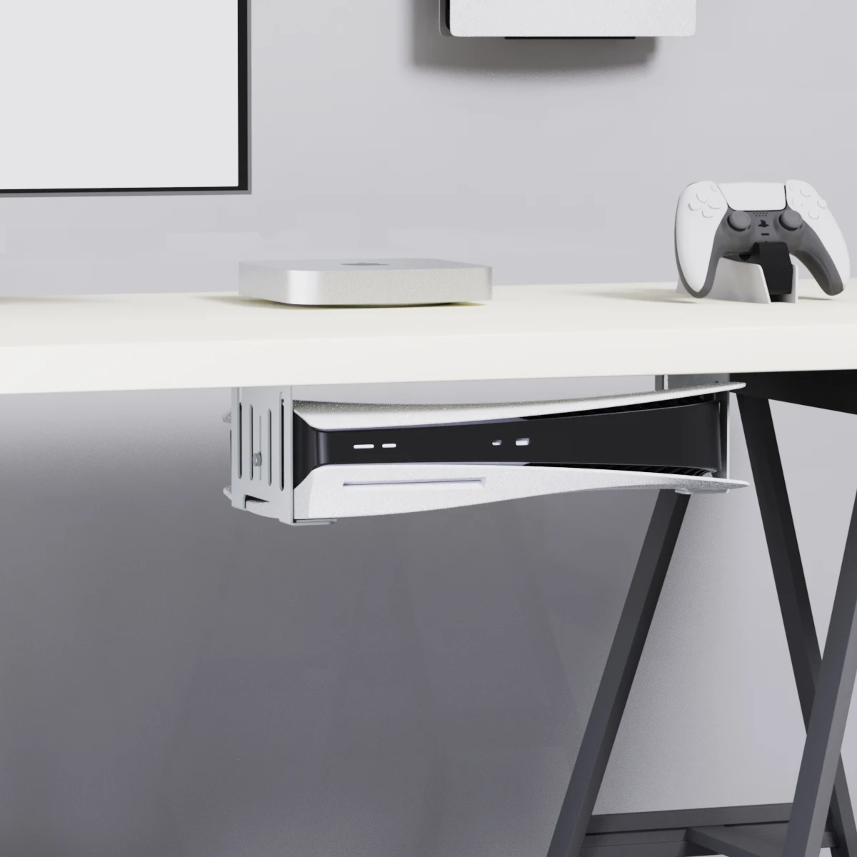 PS5 montiert unter dem Schreibtisch mit Selfdrive-Schraubhalterung für PS5 Slim für Digital- oder Disk-Version Image