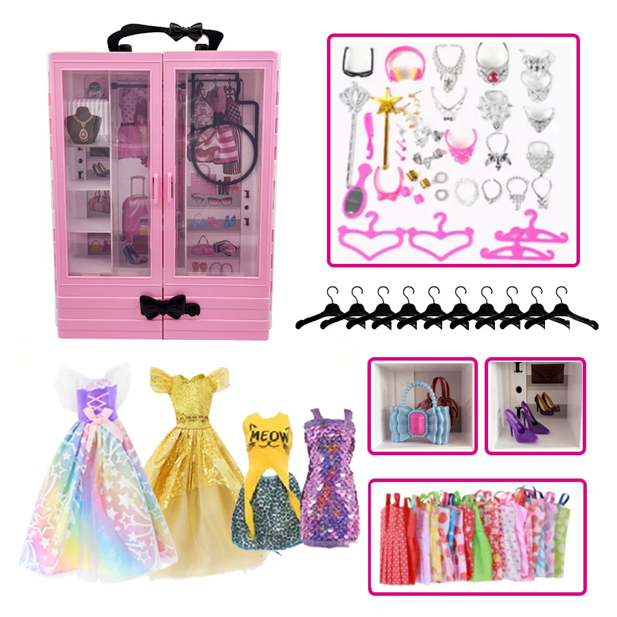 75-teiliges Kleiderschrank-Set, tragbar, mit Puppenkleidung und Zubehör, Kleiderbügel, Kleidschuhen für 11,5 Zoll/30 cm große Puppen, modischer Stil, lustiges Spielzeug Image