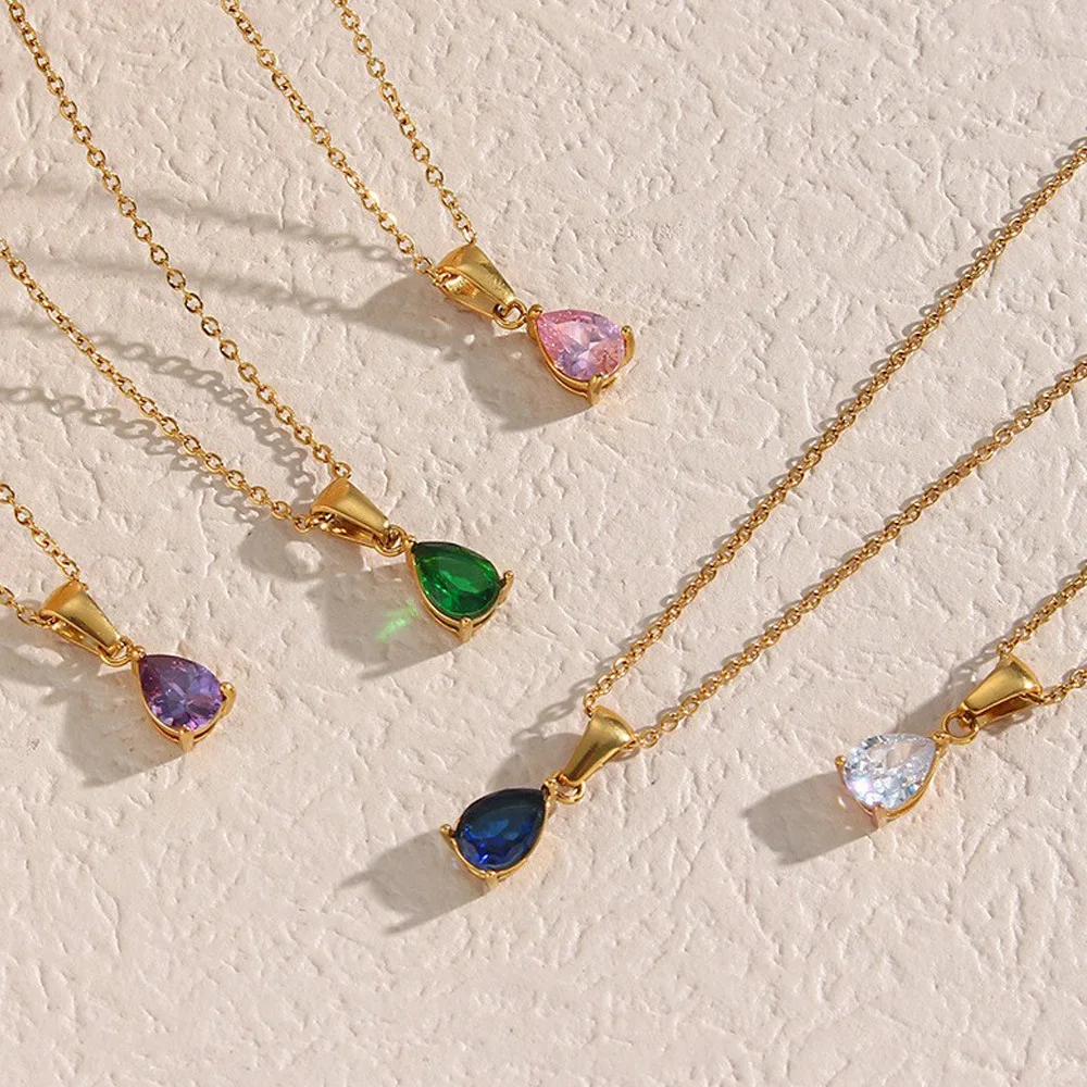 CARLIDANA Neue Ankunft Mode 18K PVD Überzogene Kette Wasser Tropfen Edelstahl Kubikzircon Charms Anhänger Geburtsstein Halskette Image