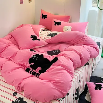 Ins rosa Streifen Bettwäsche Set Handtuch Stickerei Bett bezug Set Königin Twin Full Size Bett Flach betttuch Bett bezug Kissen bezüge Kawaii