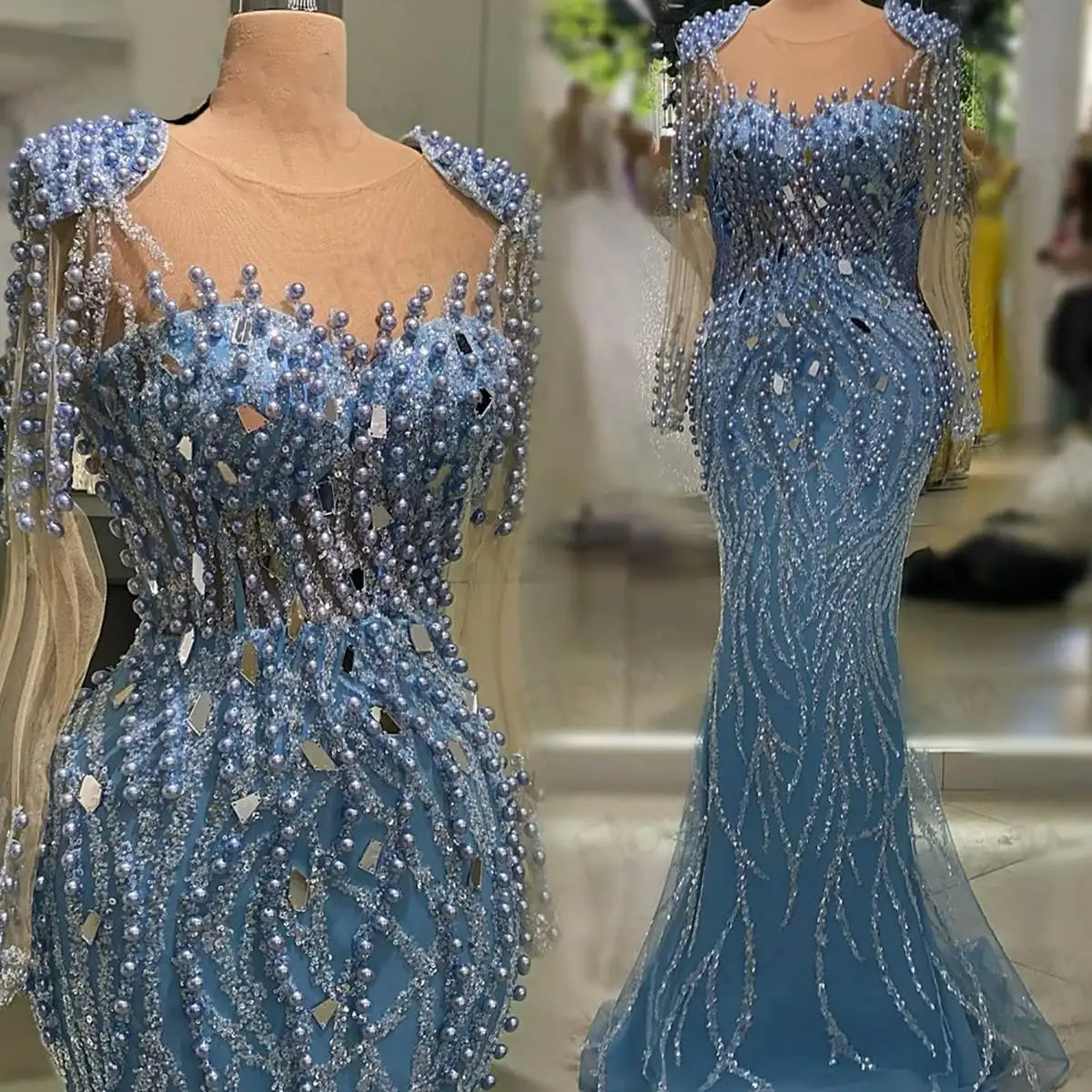 Luxus Abendkleider Meerjungfrau Perlen Pailletten Perlen Tüll Ärmel rücken frei boden lang Ballkleid vestido de noite angepasst Image