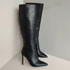 Laigzem Frauen kniehohe Stiefel Kunstleder spitzen Zehen Seite Reiß verschluss Stiletto High Heels Stiefel Damenschuhe Frau große Größe 41 45 47