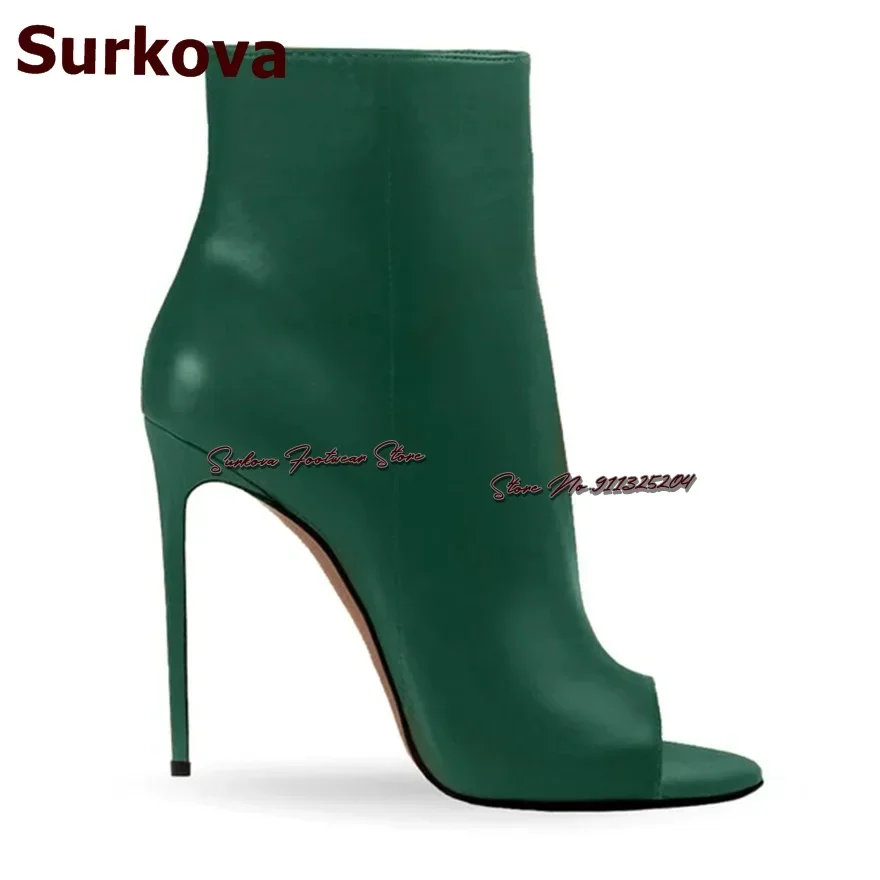 Surkova dunkelgrün matt Leder Stiletto Absatz Stiefeletten offene Zehen Reiß verschluss kurze Stiefeletten Frauen elegante Kleider schuhe rot blau