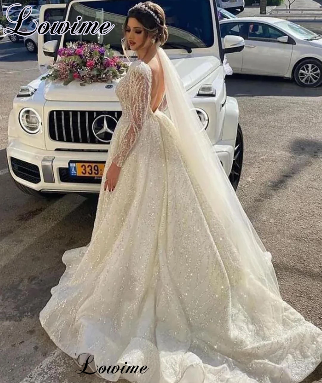 Elegante funkelnde Glitzer Brautkleider für Frauen rücken freie lange Ärmel Brautkleider Brautkleider vestido de casamento Image