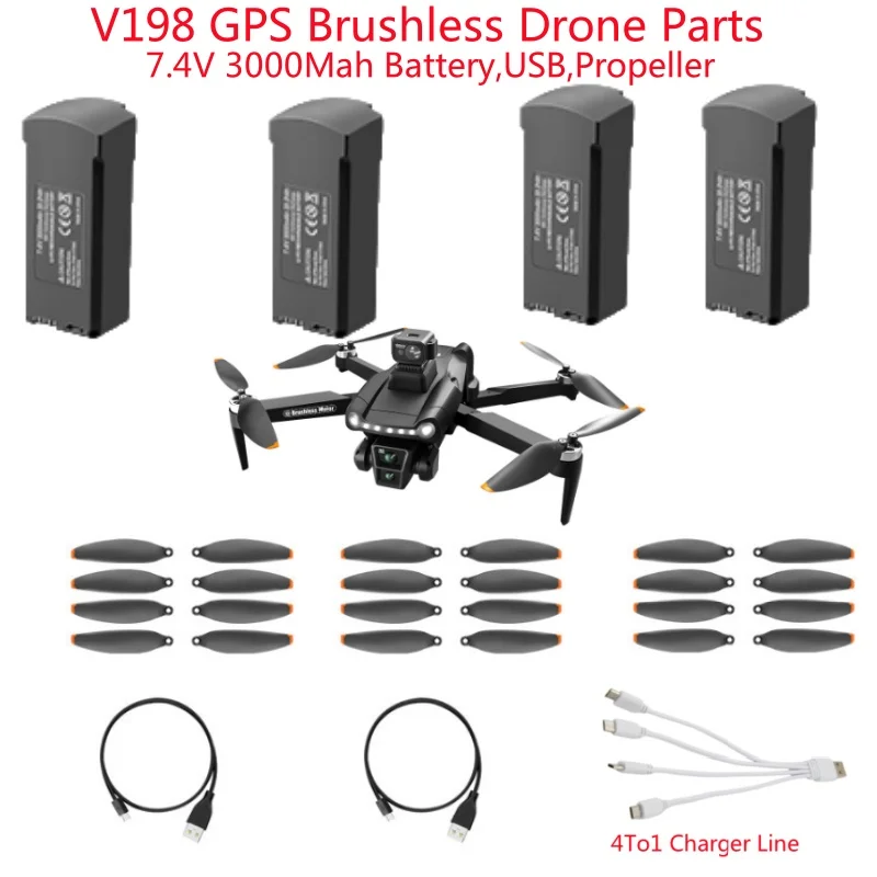 V198 GPS Bürstenlose Fernbedienung RC Drone Quadcopter Ersatzteile Zubehör 7,4 V 3000 MAH Batterie/Propeller/USB Linie